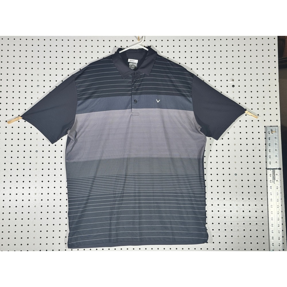 Callaway Opti-Dri Mens Large Navy Blue Grey Striped Short Sleeve Golf Polo Shirt